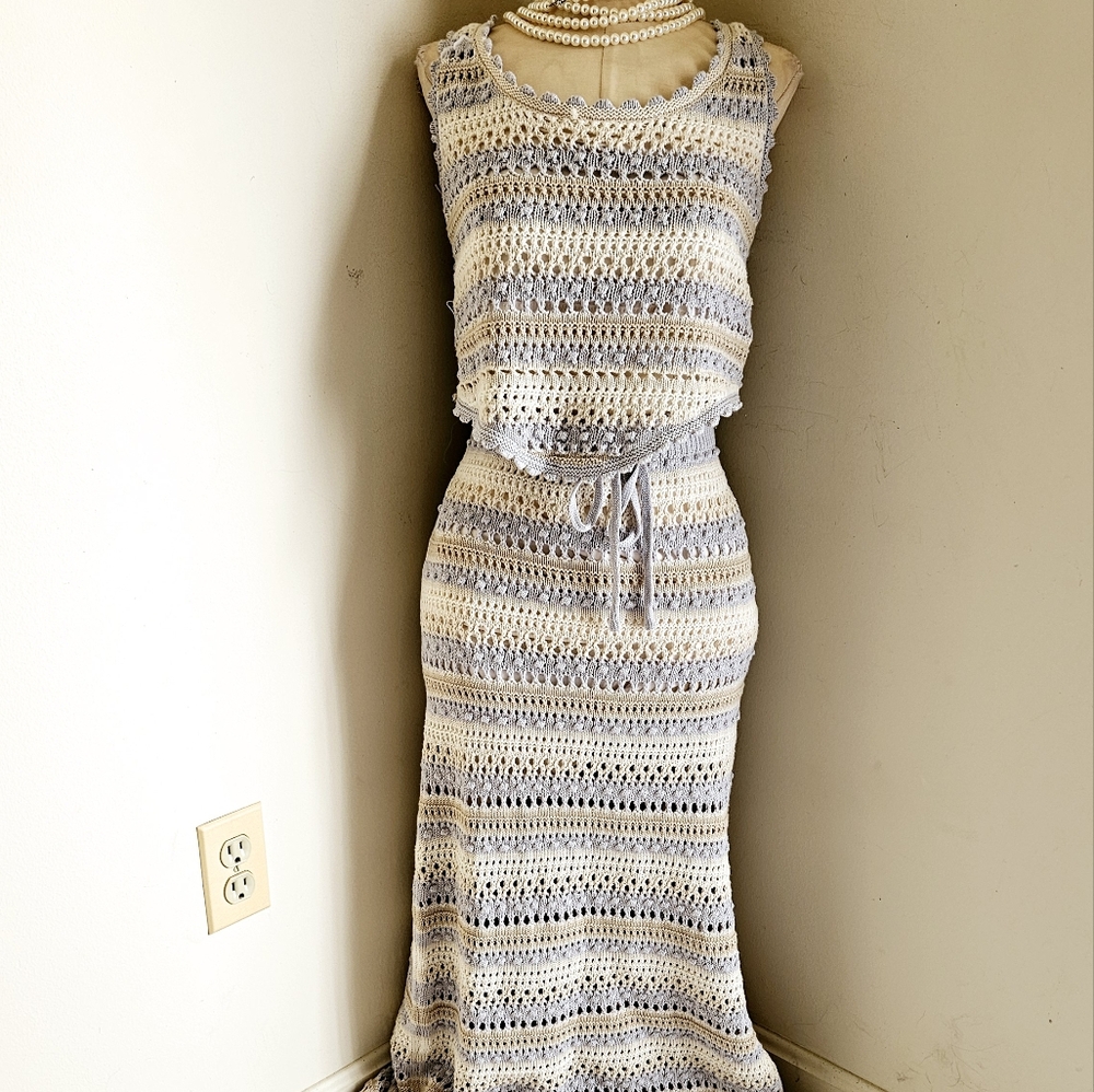 JESSICA SIMPSON BLUE CREAM CROCHET MAXI SKIRT SET